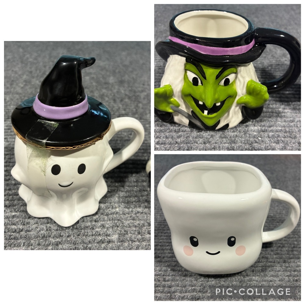 Halloween Ceramic Mug Set 3pc Green Witch Ghost with Lid and Marshmallow Ghost